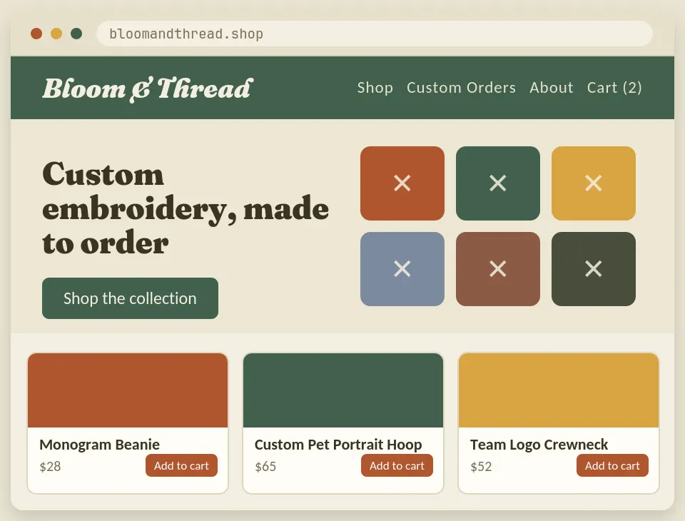 Storefront concept for an embroidery business